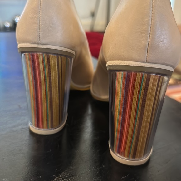 AUDLEY Beige Leather Peep Toes Multicolored Stripey Block Heels Brand New - Picture 5 of 9